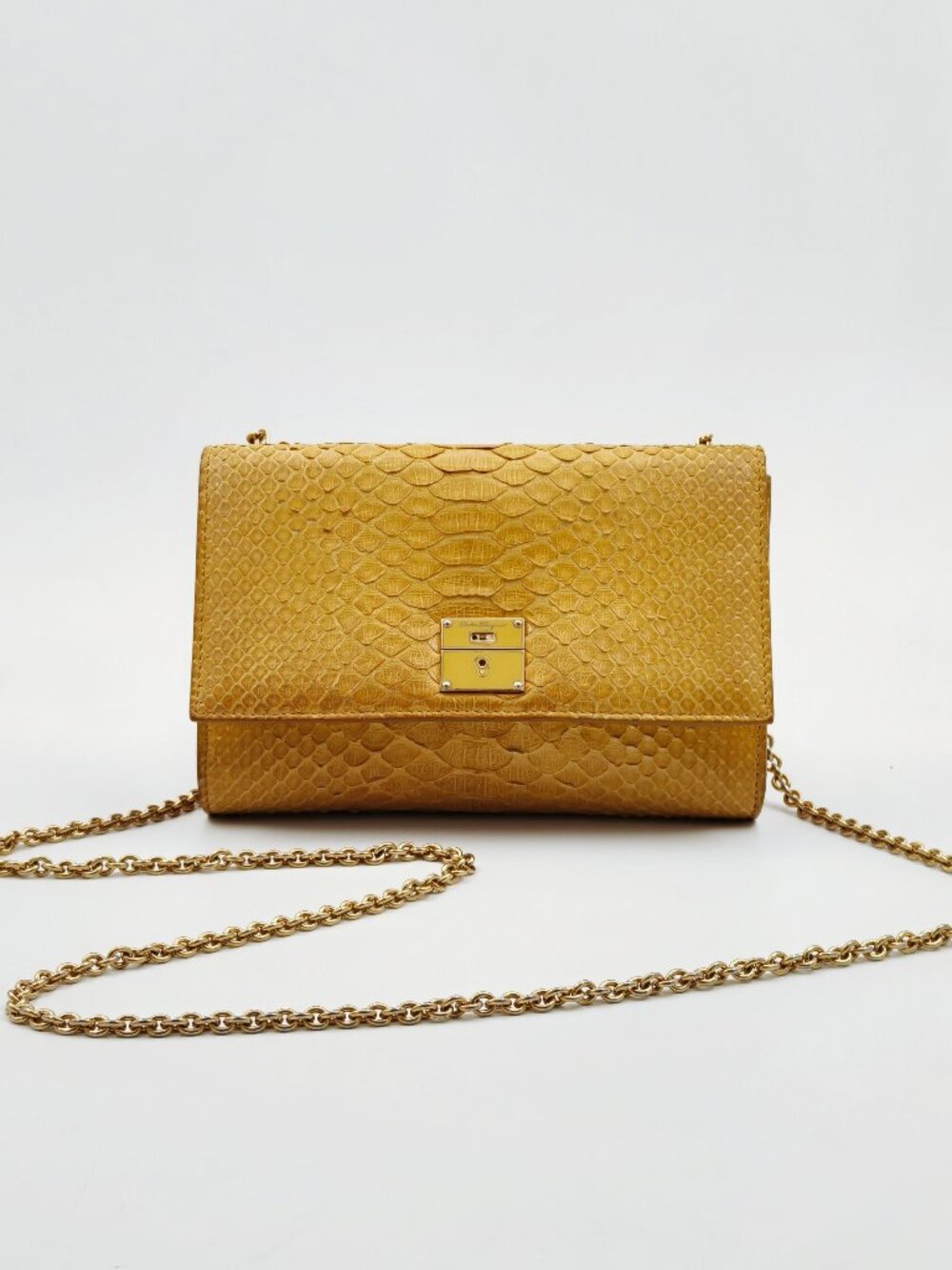 Salvatore Ferragamo Yellow Python Embossed Leather Chain Shoulder Bag Clutch